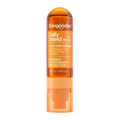 FACE MIST SERUM- DAILY SHIELD SPF 50 UVB-UVA-INVISIBLE ANTIOXIDANT PROTECTION-with FERULIC ACID, VITAMIN E & RESVERATROL
